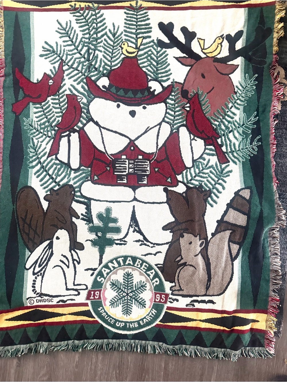 Vintage Goodwin Weavers 1995 Woven Throw - Santa Bear Spruce Up The Earth